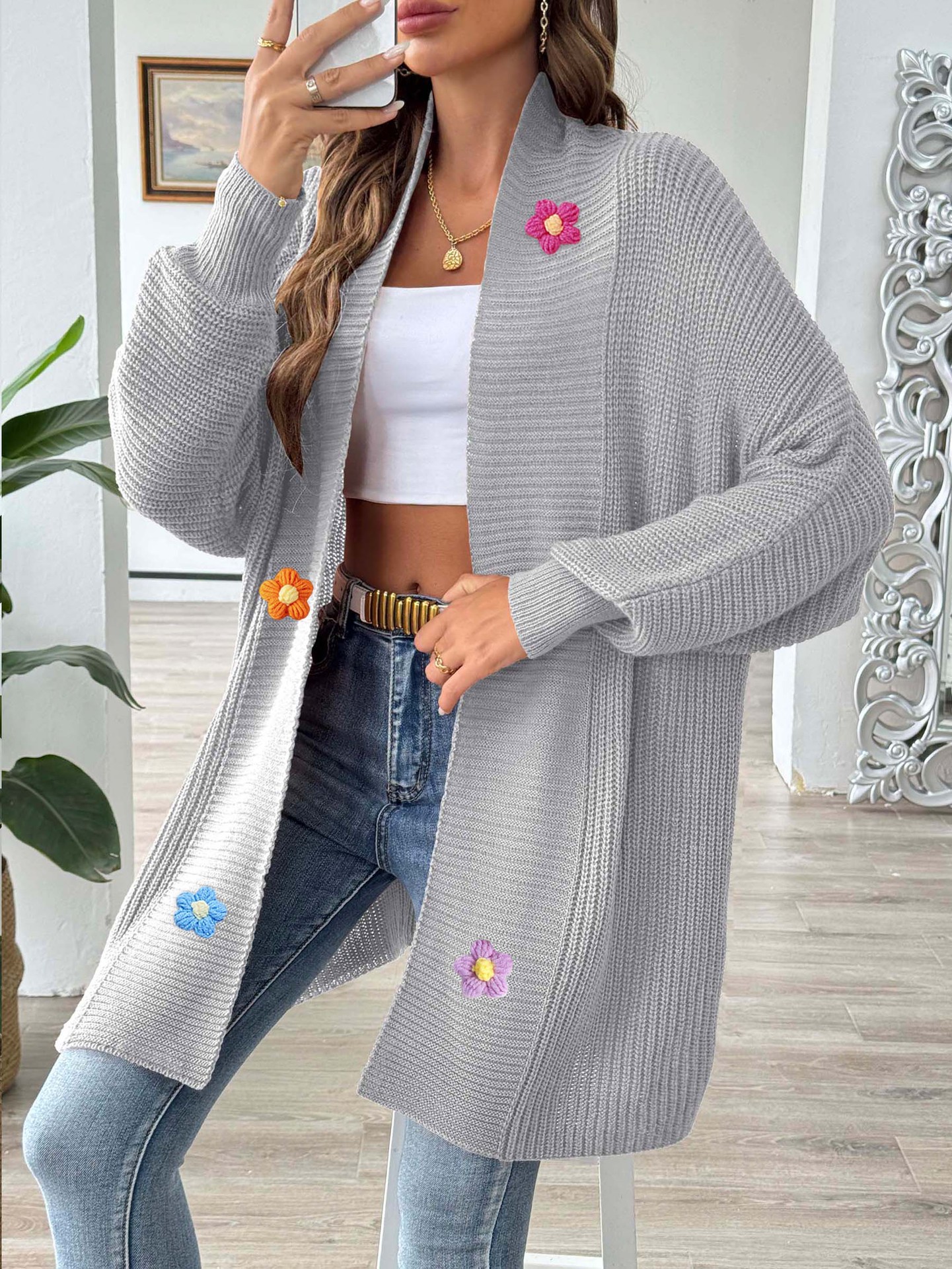 Women's Hand-Crochet Floral Patchwork Loose Cardigan Sweater