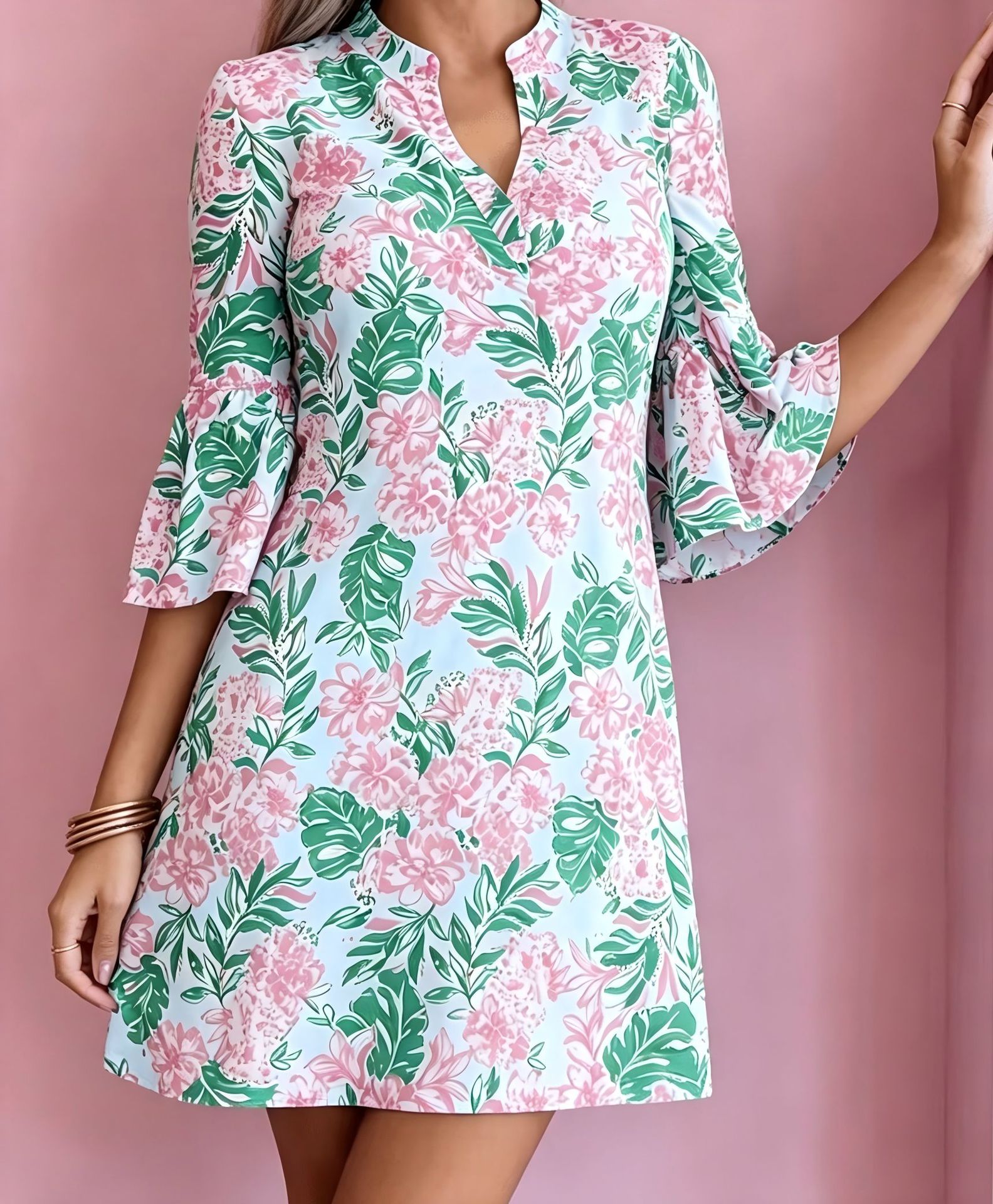 Women's Floral Leaf Print Casual Midi Dress with Deep V-Neck and Five-Quarter Sleeves
