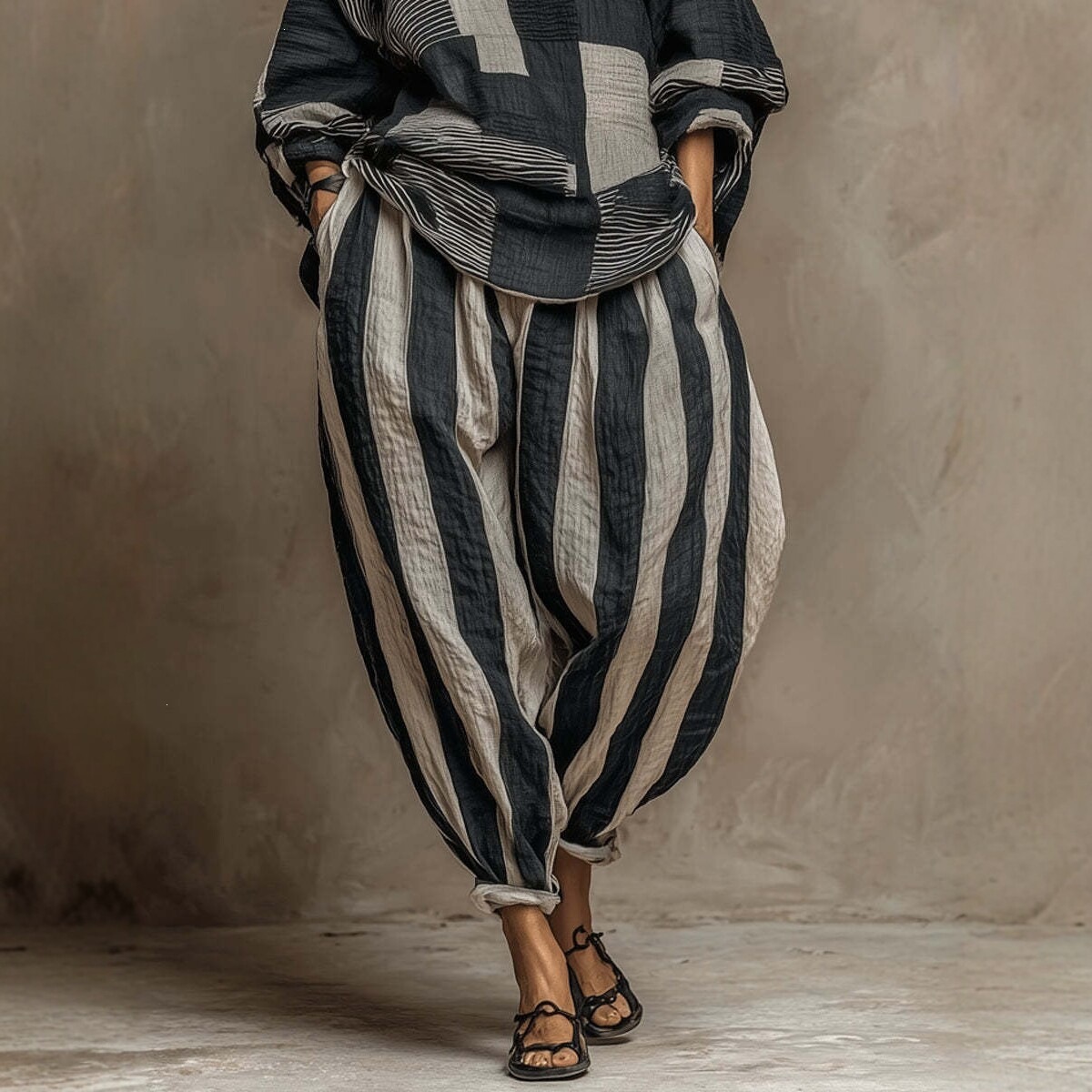 Women's Cotton-Linen Striped Two-Piece Set with Wide-Leg Pants