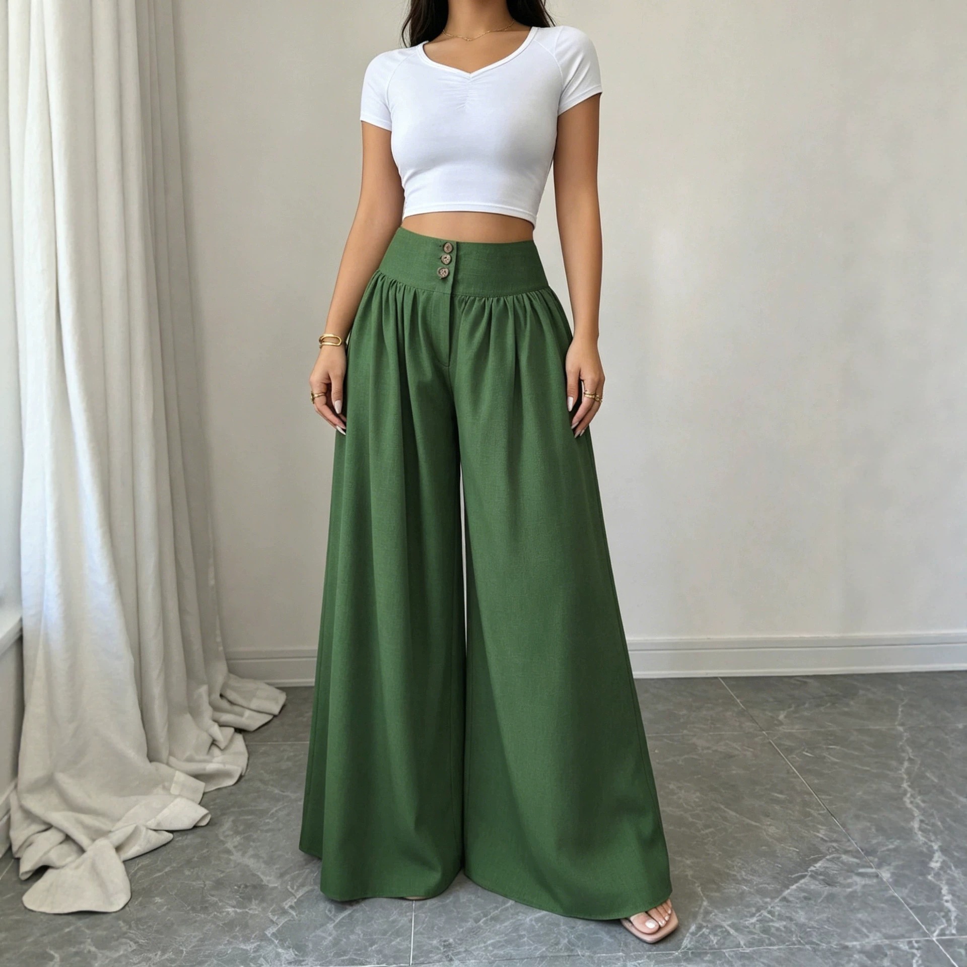 High-Waist Three-Button Wide-Leg Drapey Pants