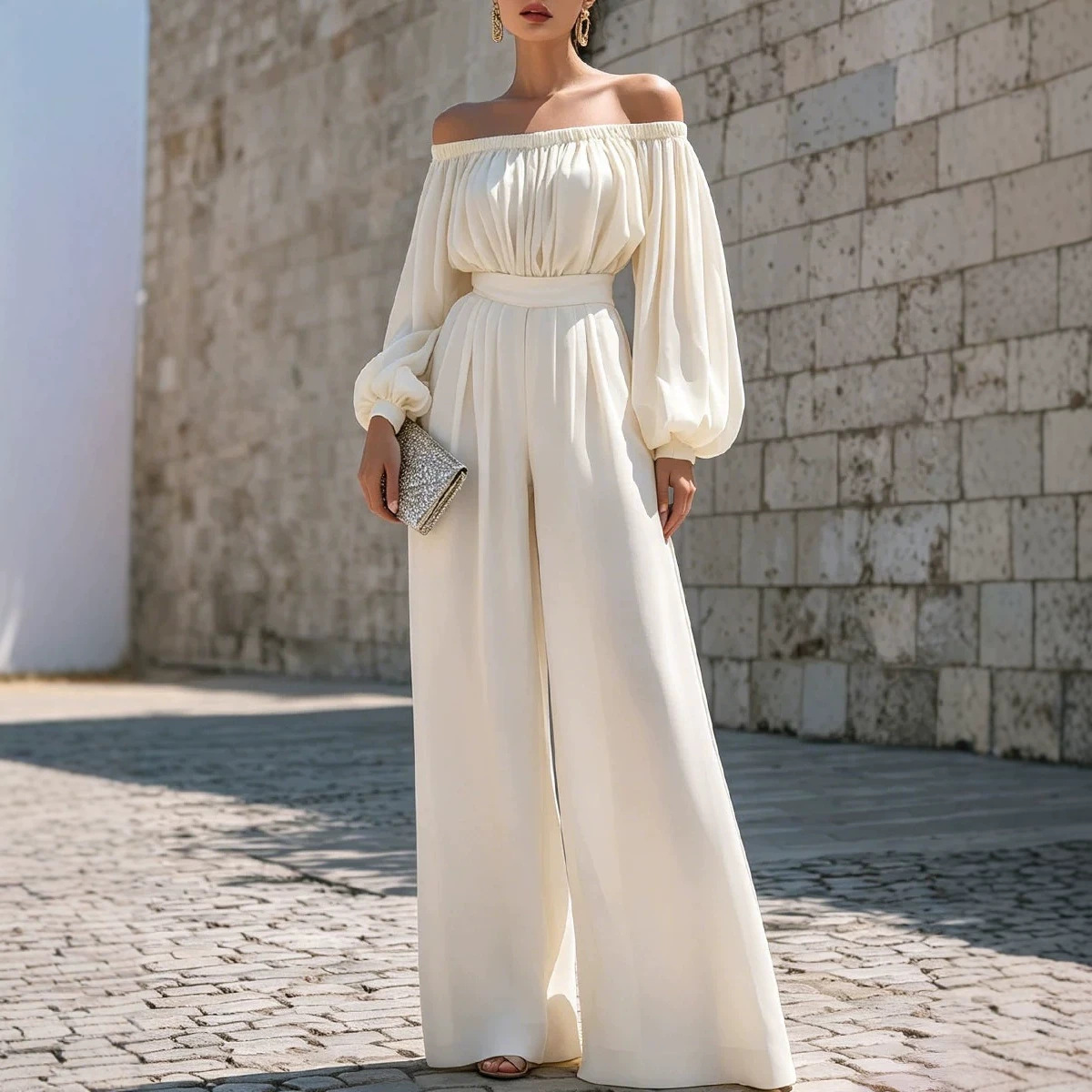 French Off-Shoulder Puff-Sleeve Wide-Leg Jumpsuit with Waist