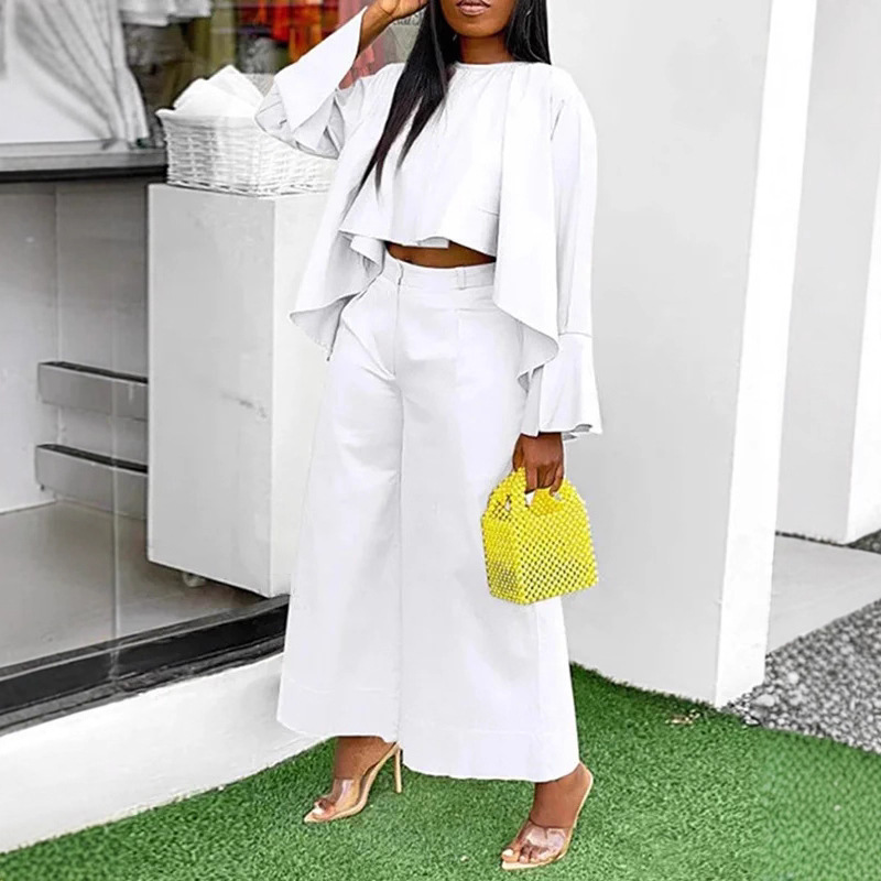 Elegant Asymmetric Long Sleeve Shirt and Straight Leg Pants Two-Piece Set