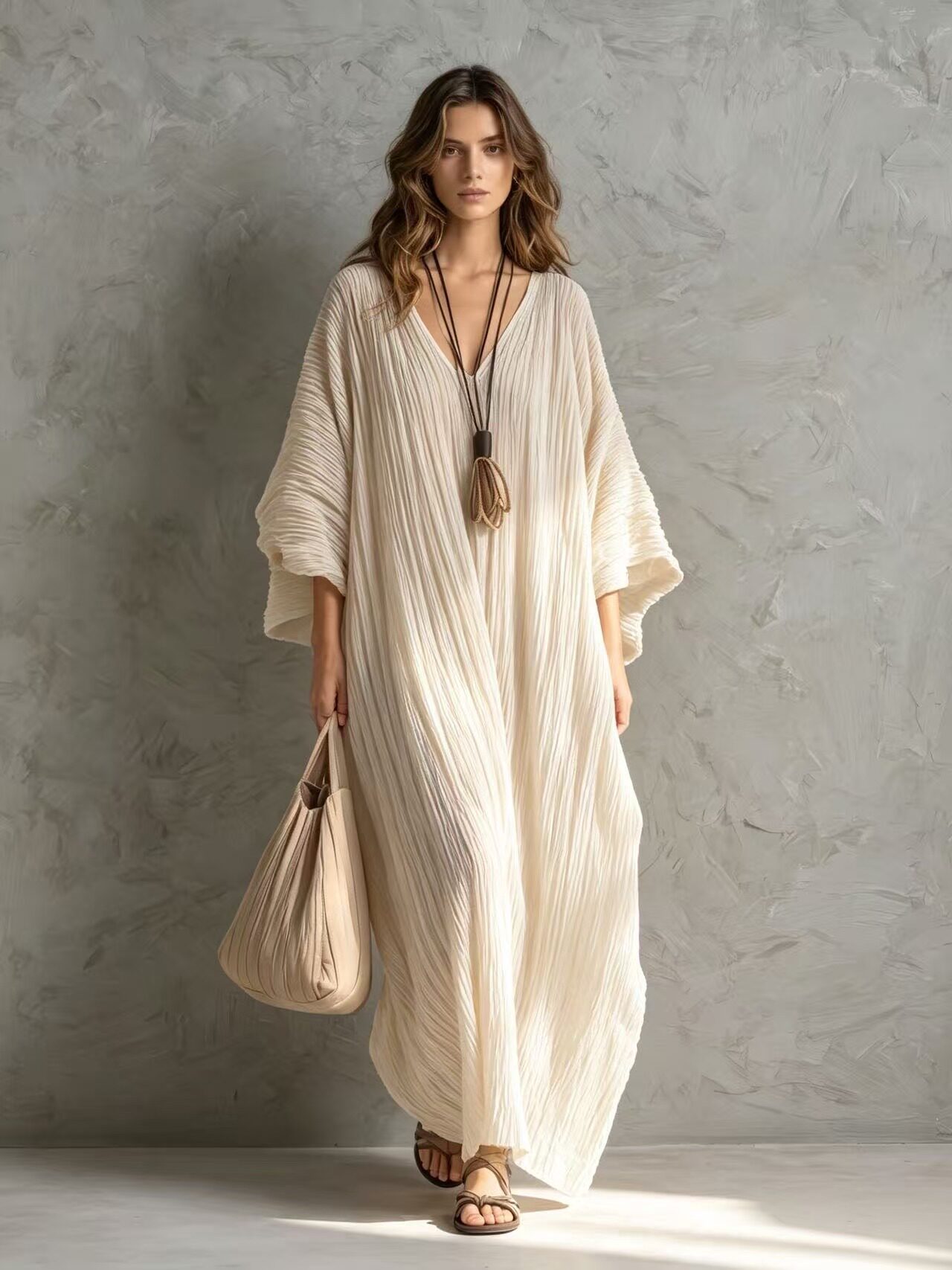 Women's V-Neck Caftan Maxi Dress with Pockets