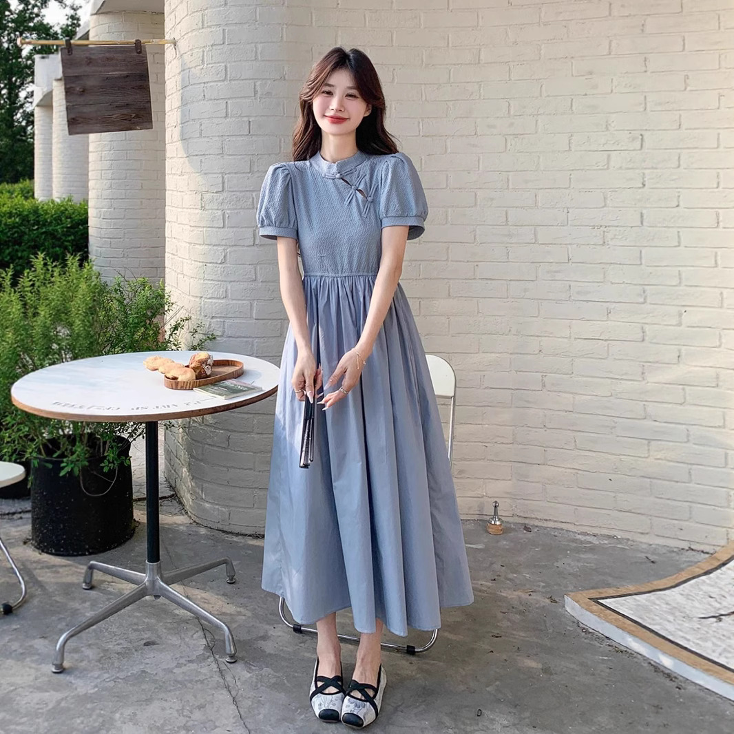 Blue New Chinese Style Dress Summer Short Sleeve A-Line Long Qipao-Inspired