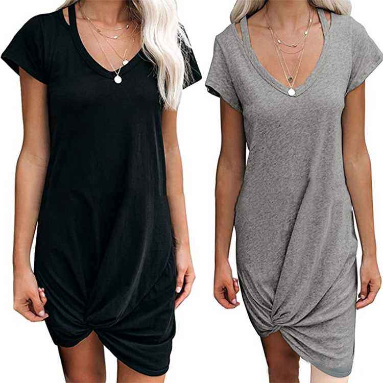 Women's V-Neck Short Sleeve Knotted T-Shirt Dress Solid Color Asymmetrical Hem