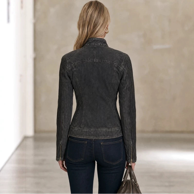 Women's Vintage Black Gray Washed Denim Moto Jacket