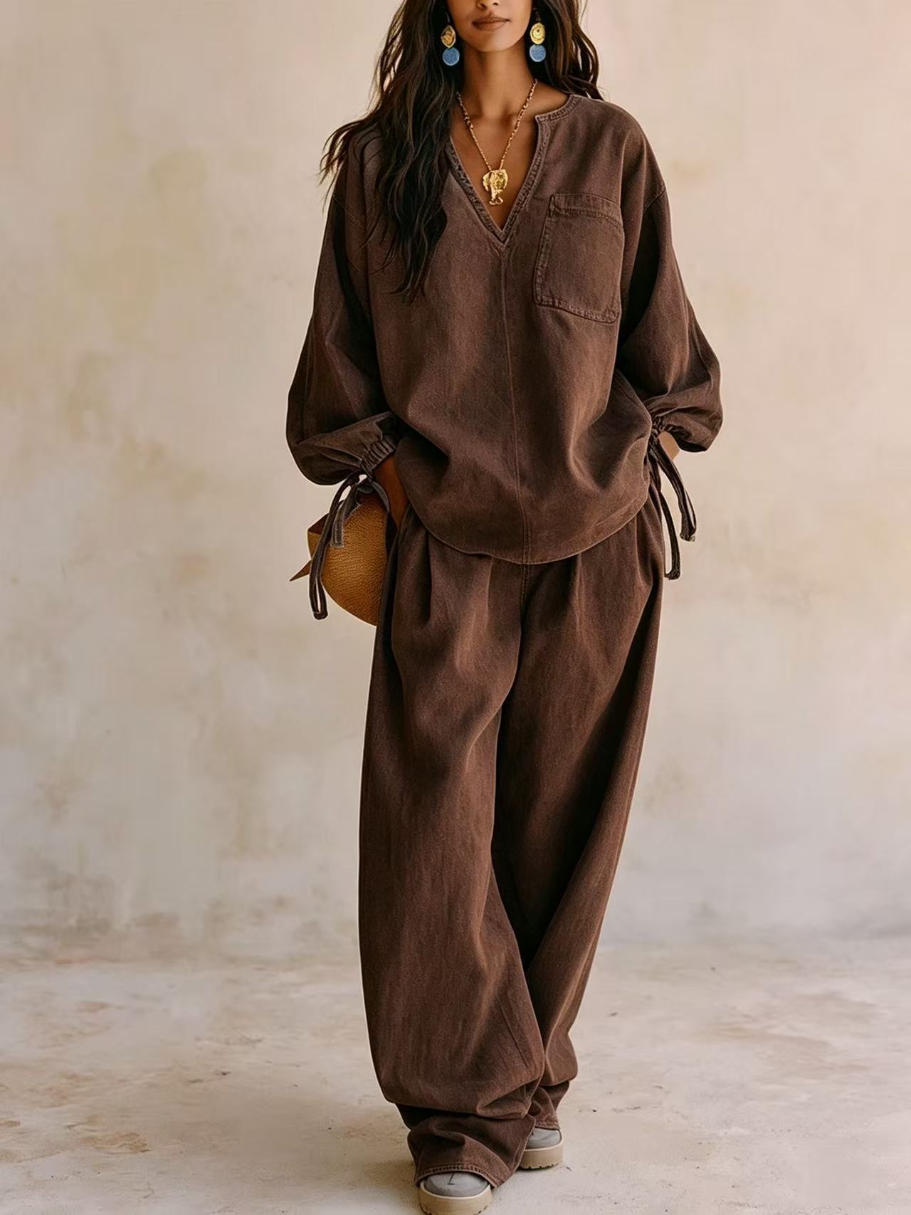 Women's Casual Long Sleeve Wide Leg Pants Solid Color Set