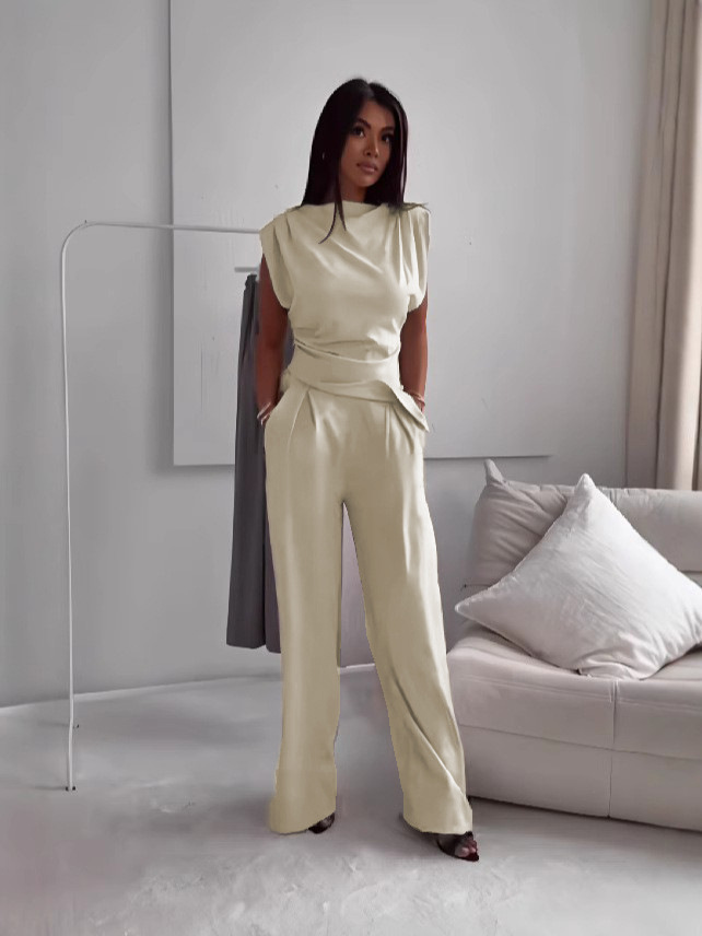 Casual Solid Color Two-Piece Pants Set Long Sleeve Polyester