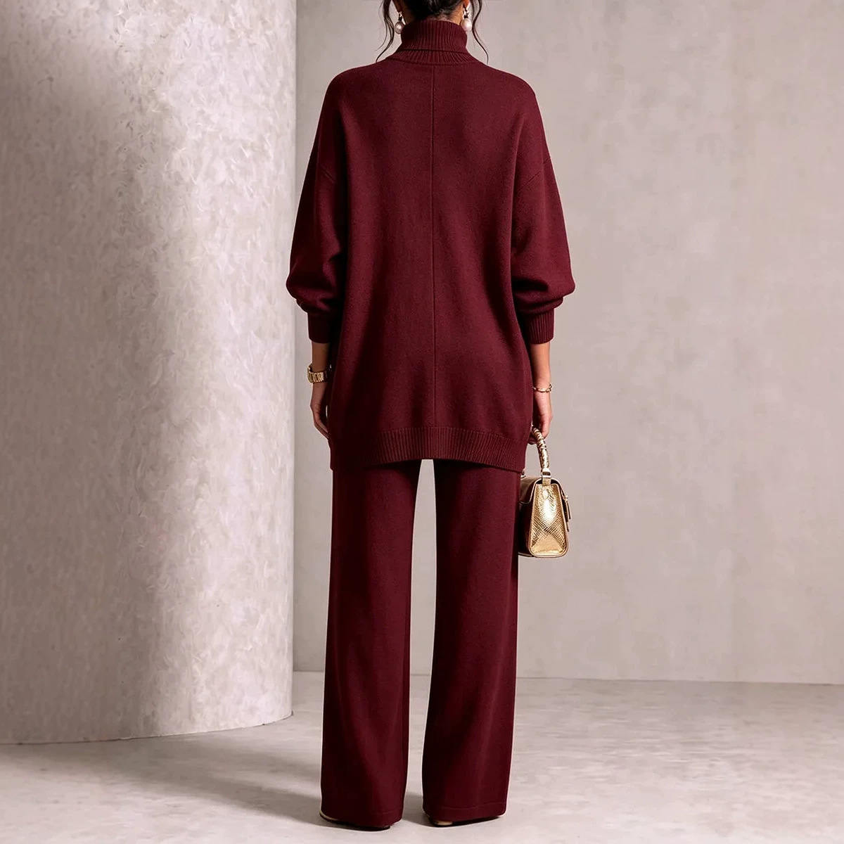 Women's Solid Knit Asymmetric Button Two-Piece Set