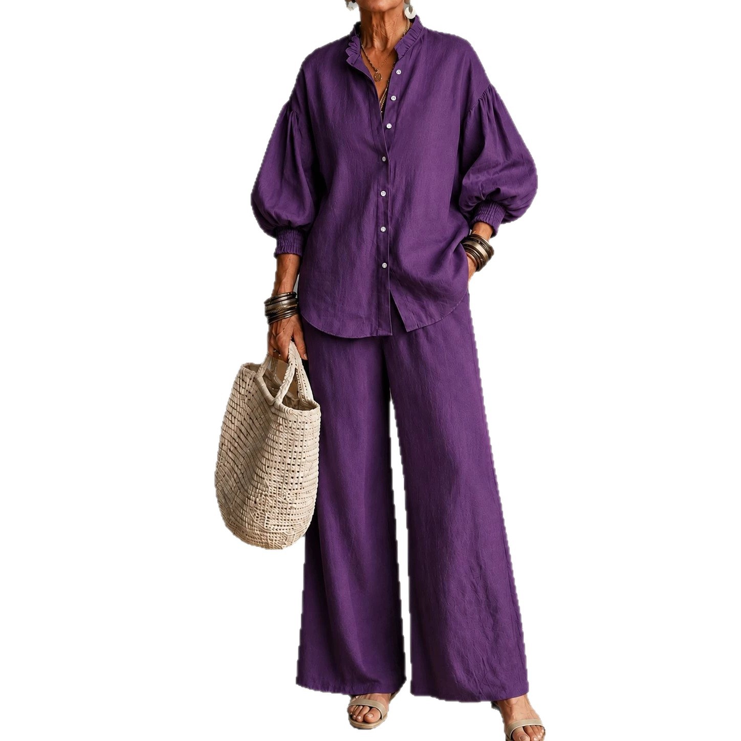 Women's Solid Ruffle Stand Collar Lantern Sleeve Shirt & Wide-Leg Pants Two-Piece Set