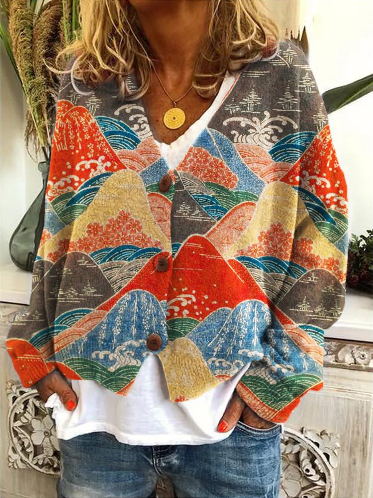 Printed Women's Cardigan Soft Knit Sweater Casual Poncho Coat