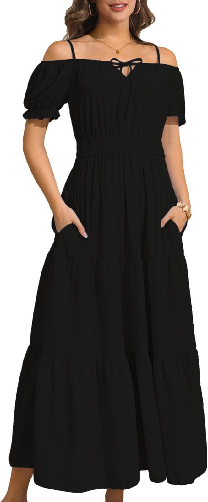 Women's Off-Shoulder Puff Sleeve Midi Dress Casual Beach A-Line