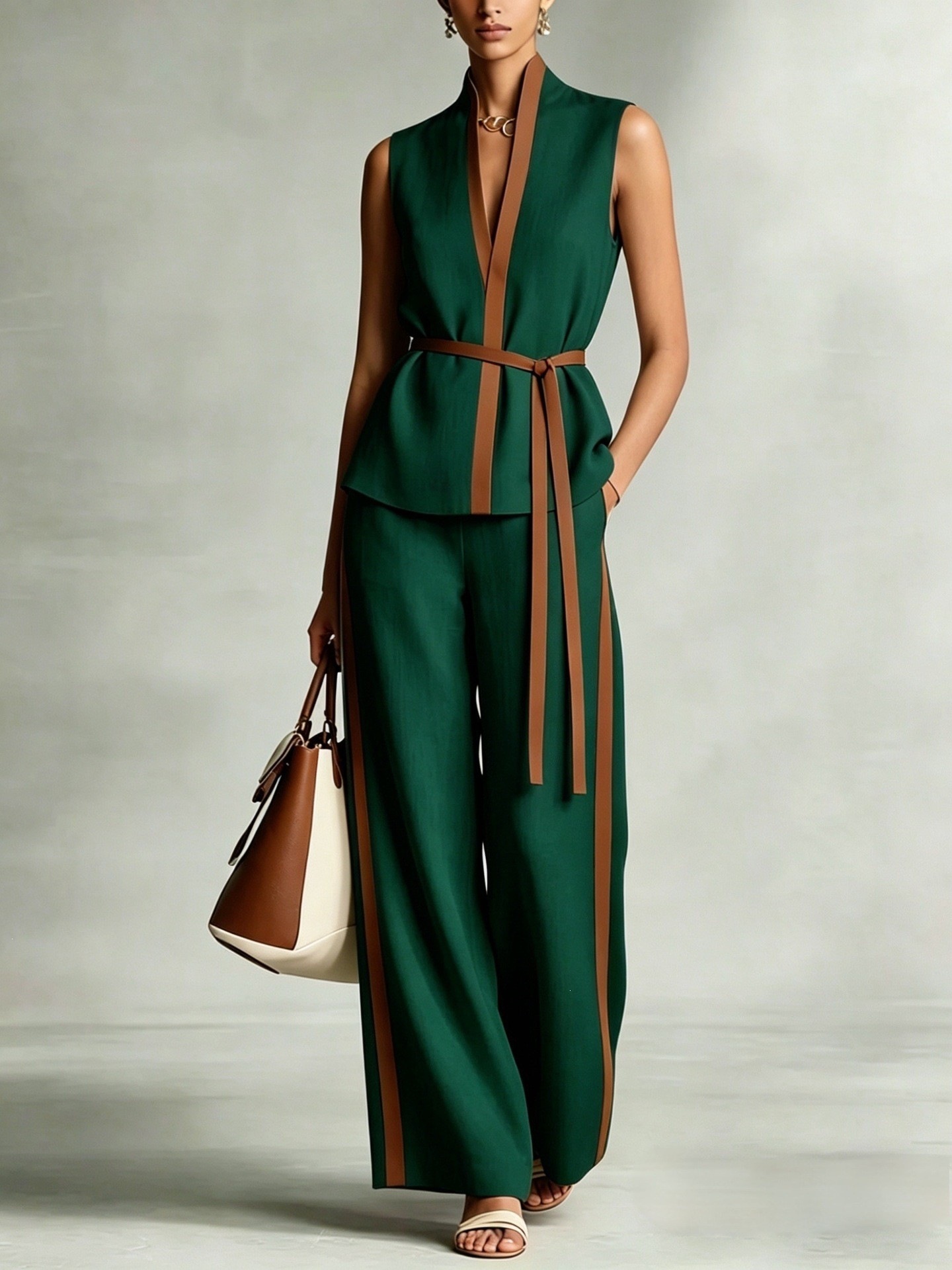Women's Sleeveless Colorblock Top & Wide-Leg Pants Set