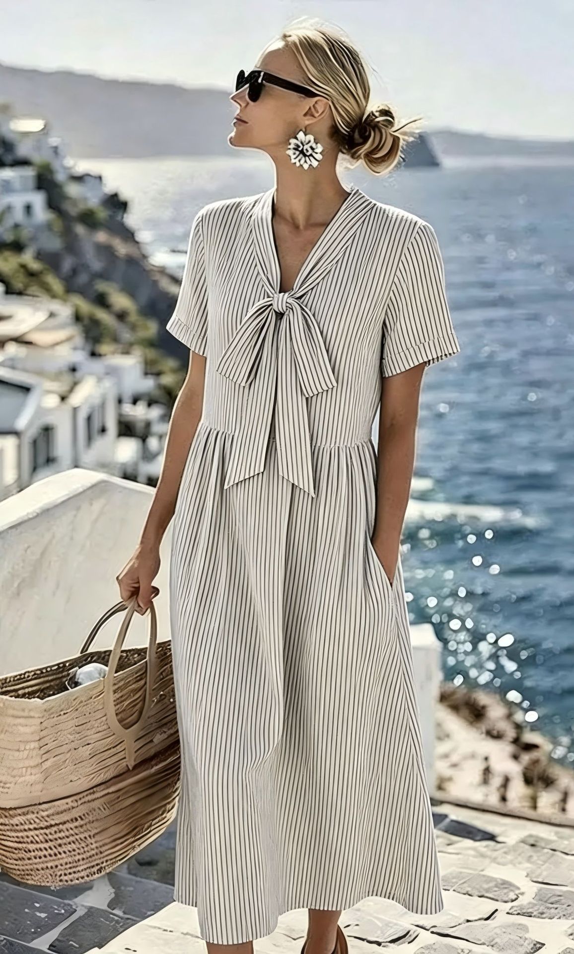 Women's Bow Casual Dress with Minimalist Print
