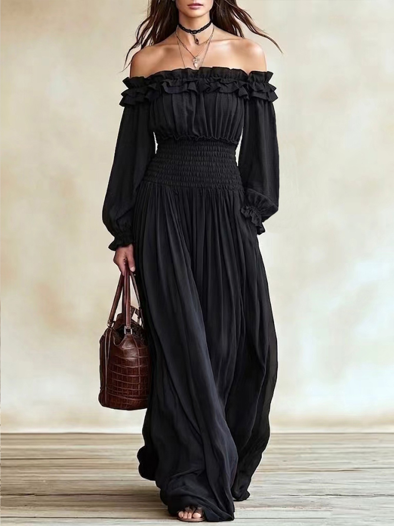 Women's Off-Shoulder Ruffle Long Sleeve Waist-Cinching Midi Dress