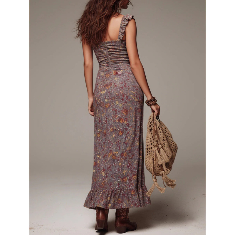 Bohemian Vintage Print High-Slit Fitted Midi Dress with Square Neck