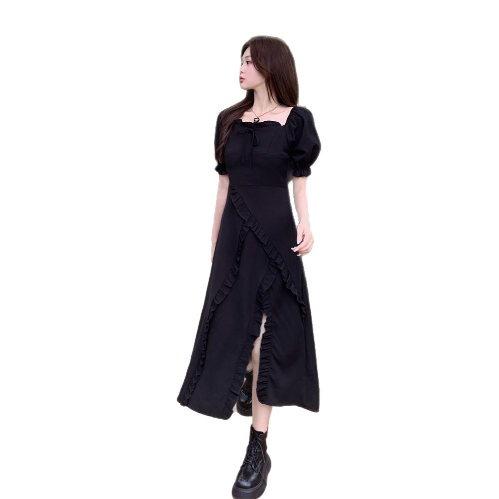 Black Square-Neck Bubble-Sleeve Midi Dress with Tie Waist