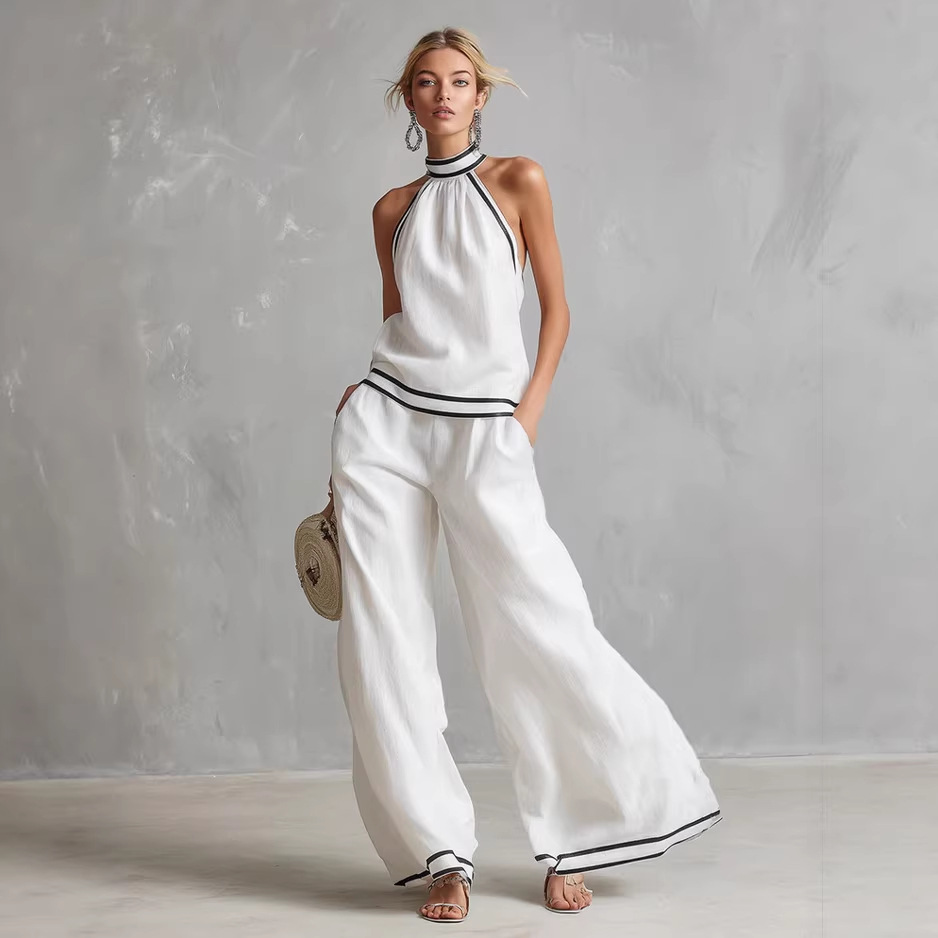 Striped Halter Sleeveless Wide-Leg Two-Piece Set