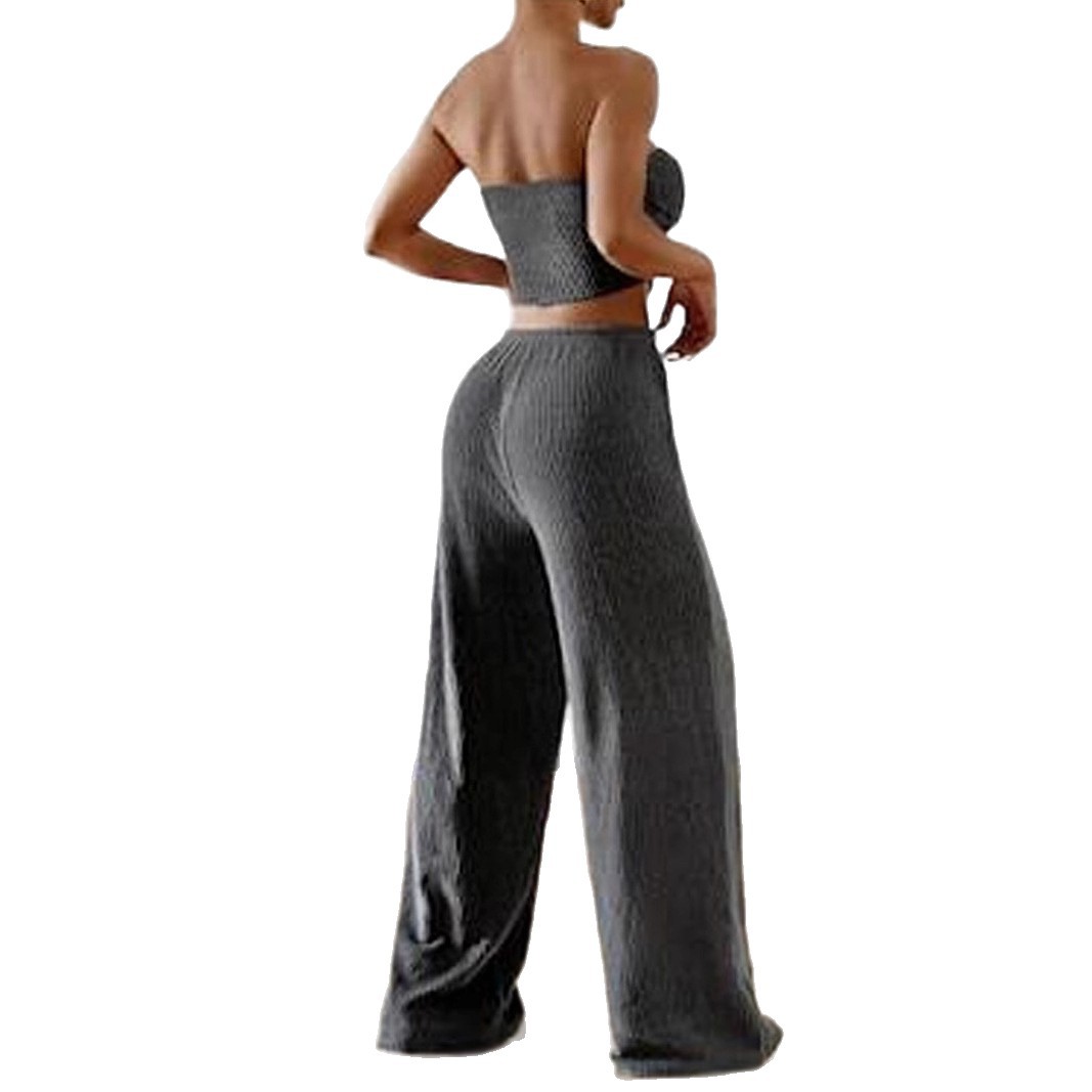 Women's Sexy Strapless Two-Piece Ribbed Set with Slit Top and Straight-Leg Pants