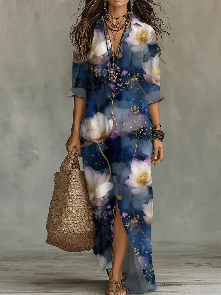 Bohemian V-Neck Midi Dress Short Sleeve A-Line Geometric Print