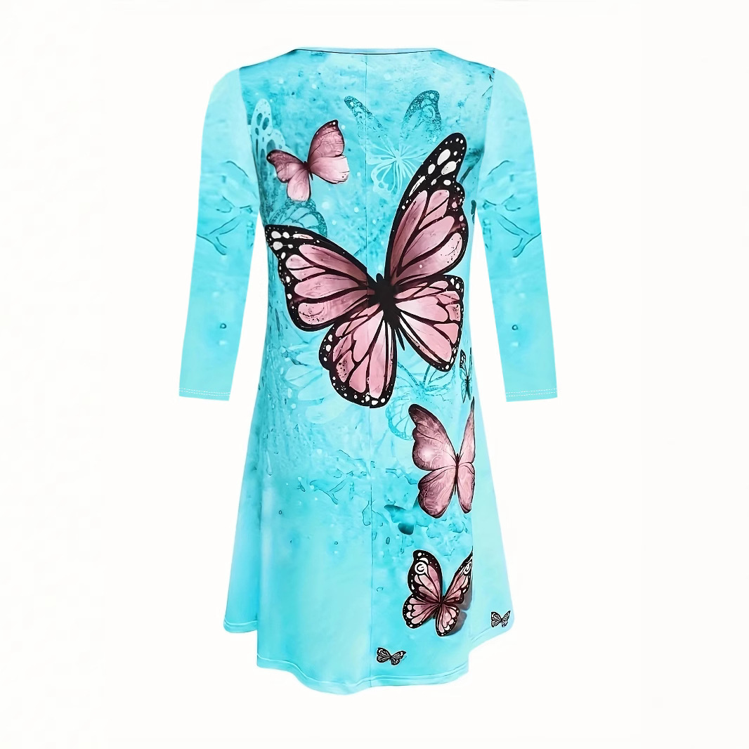Elegant Butterfly Print Long Sleeve Round Neck Midi Dress