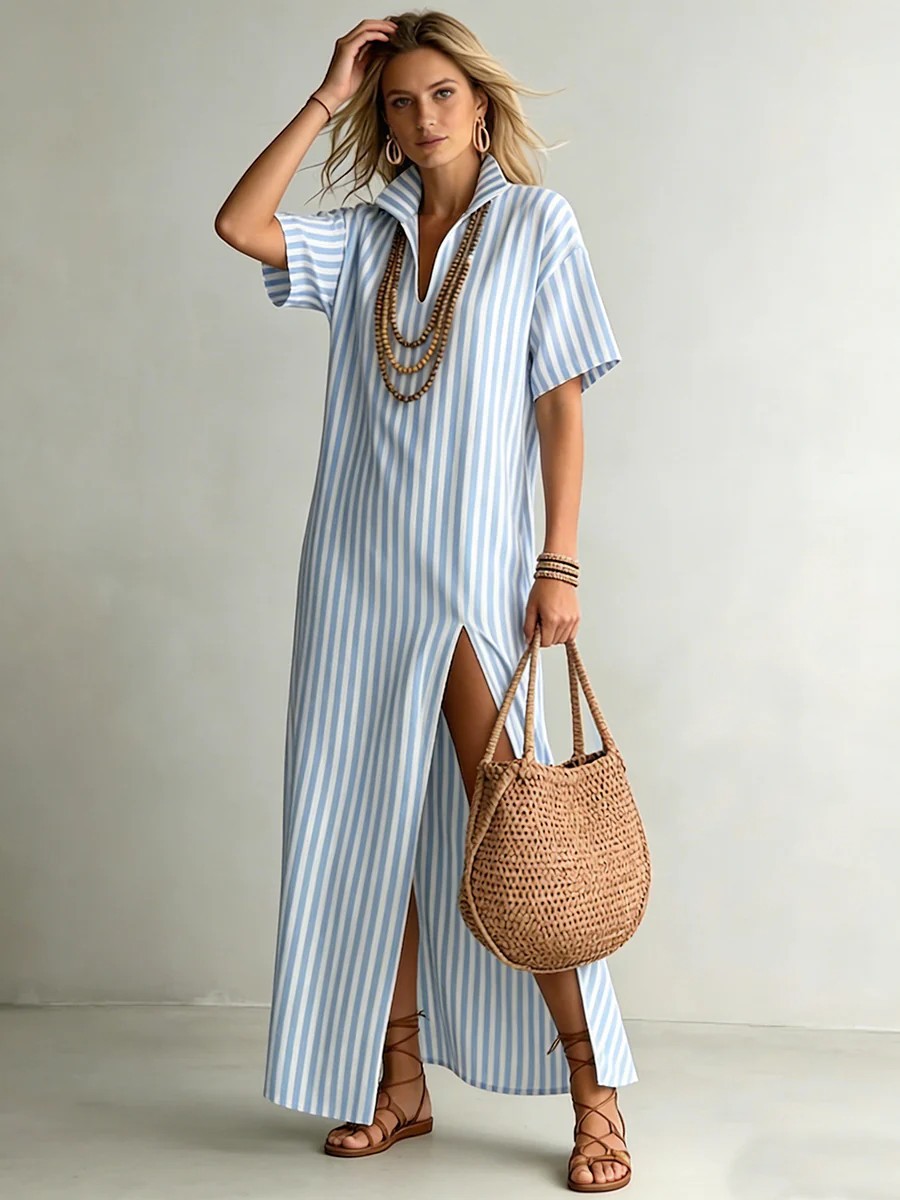 Women's Summer V-Neck Short Sleeve Striped Slit Cotton-Linen Dress