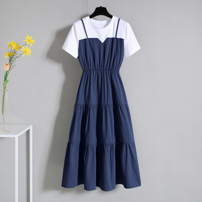 Women's Short Sleeve Faux Two-Piece A-Line Dress with Waist Cinch