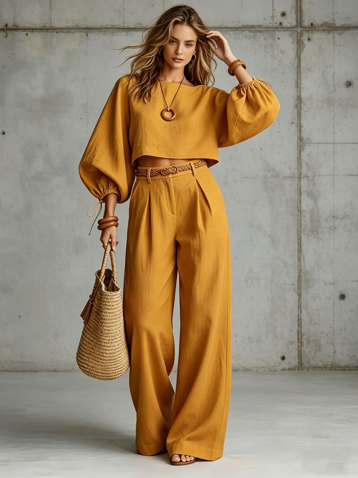 Solid Color Puff Sleeve Short Top and Casual Pants Two-Piece Set