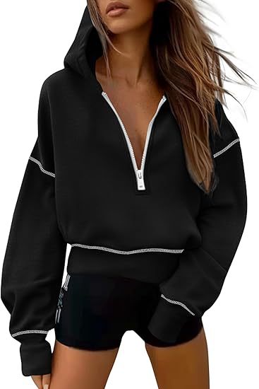 Women's Half-Zip Hooded Cropped Sweatshirt Long Sleeve