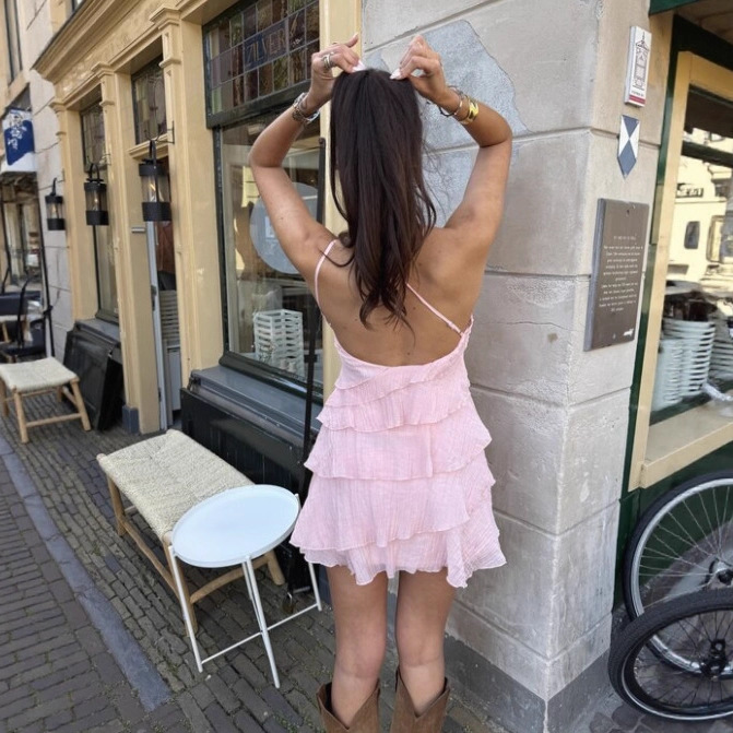 Sexy Open Back Asymmetric Strap Ruffle Bodycon Mini Dress