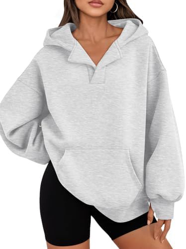 Women's V-Neck Hooded Pullover Sweatshirt with Thumbholes Cotton Fleece Casual Top