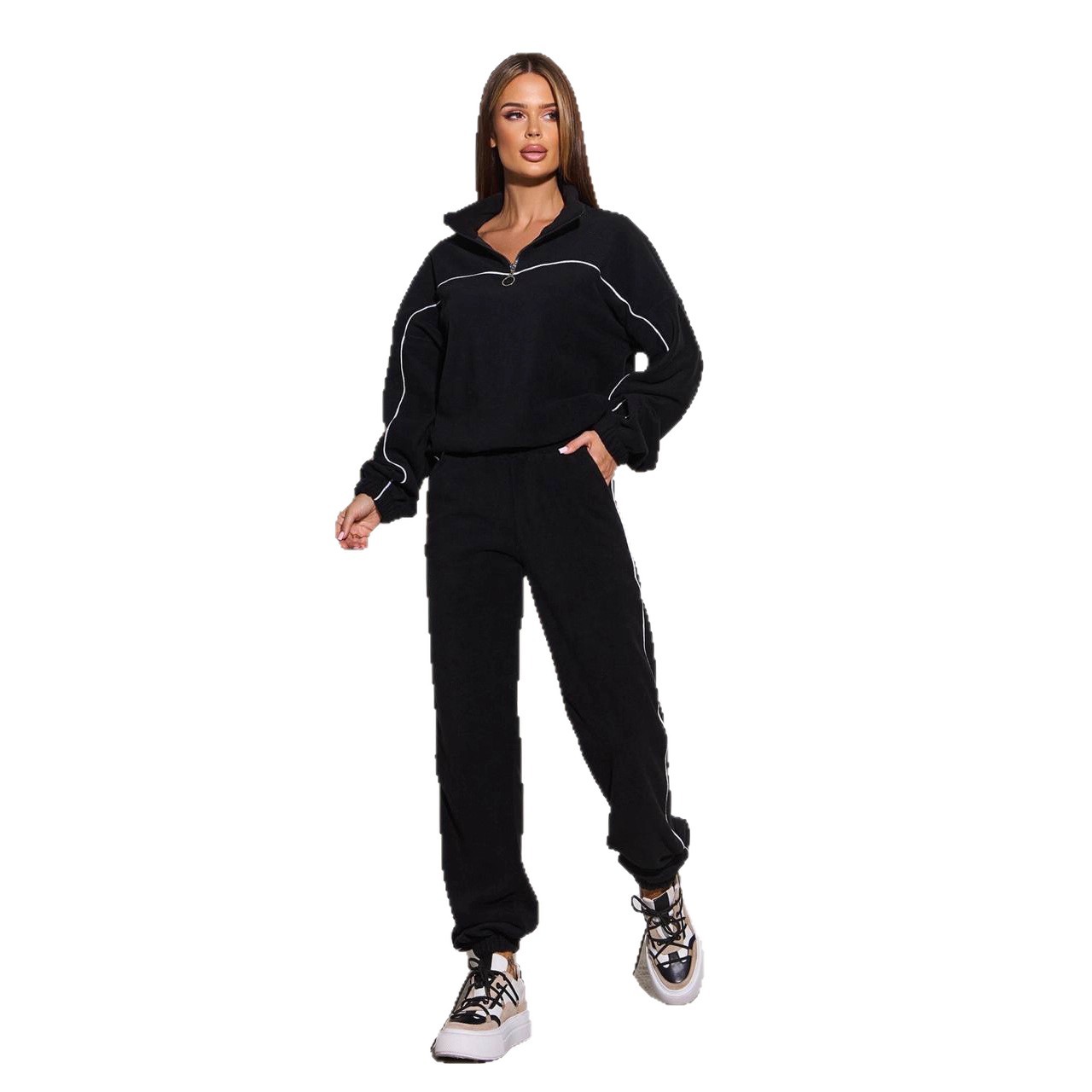 Women's Casual Loose Zip Stand Collar Fleece Hoodie Two-Piece Set