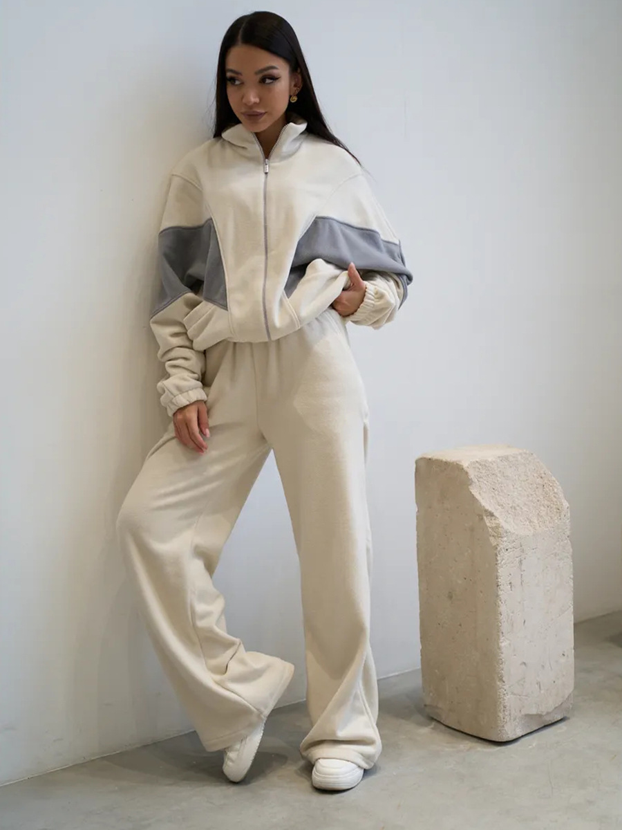 Women's Fleece Colorblock Zip-Up Hoodie and Wide-Leg Pants Set