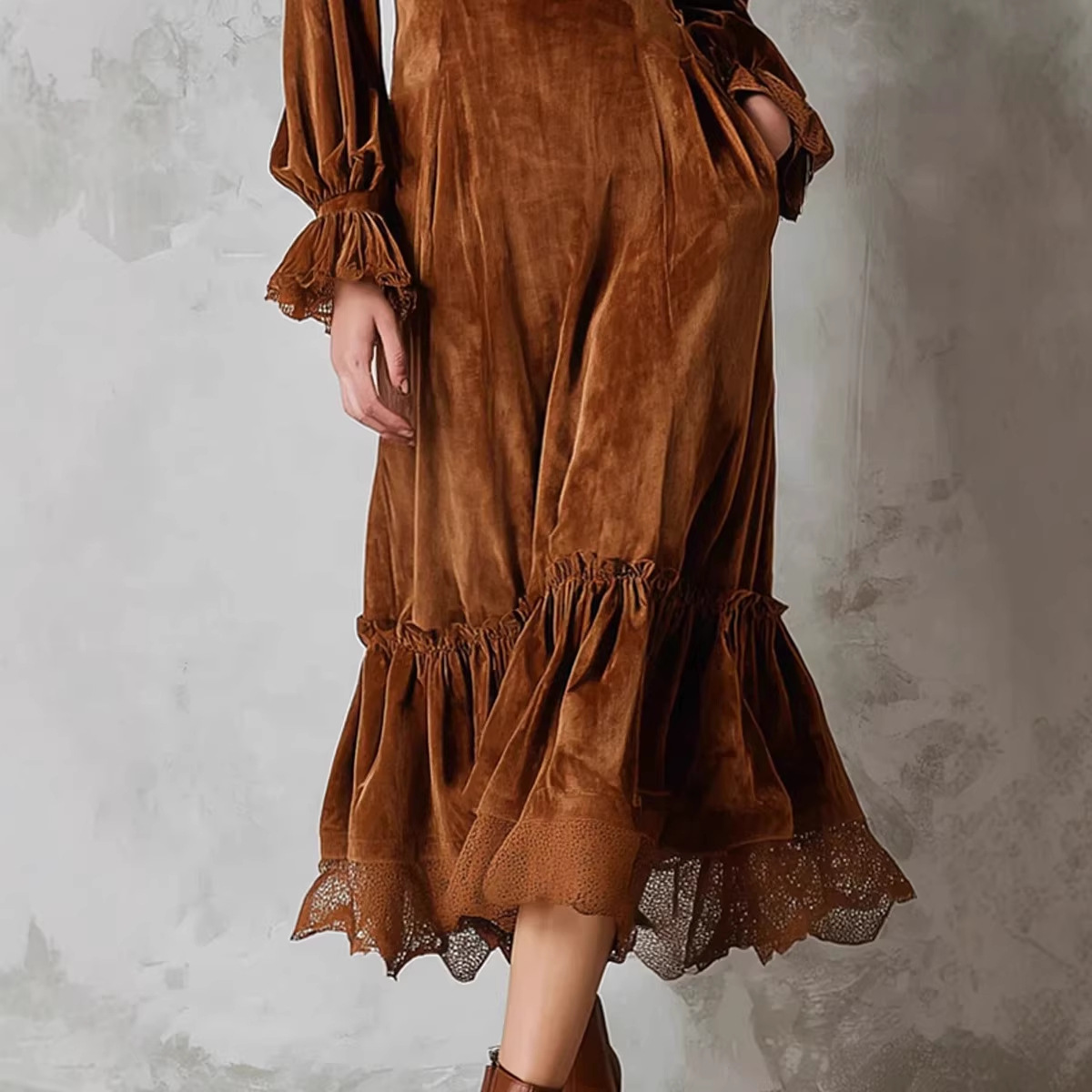 Women's Long French Lace Panel Lantern Sleeve Ruffle V-Neck Velvet Dress