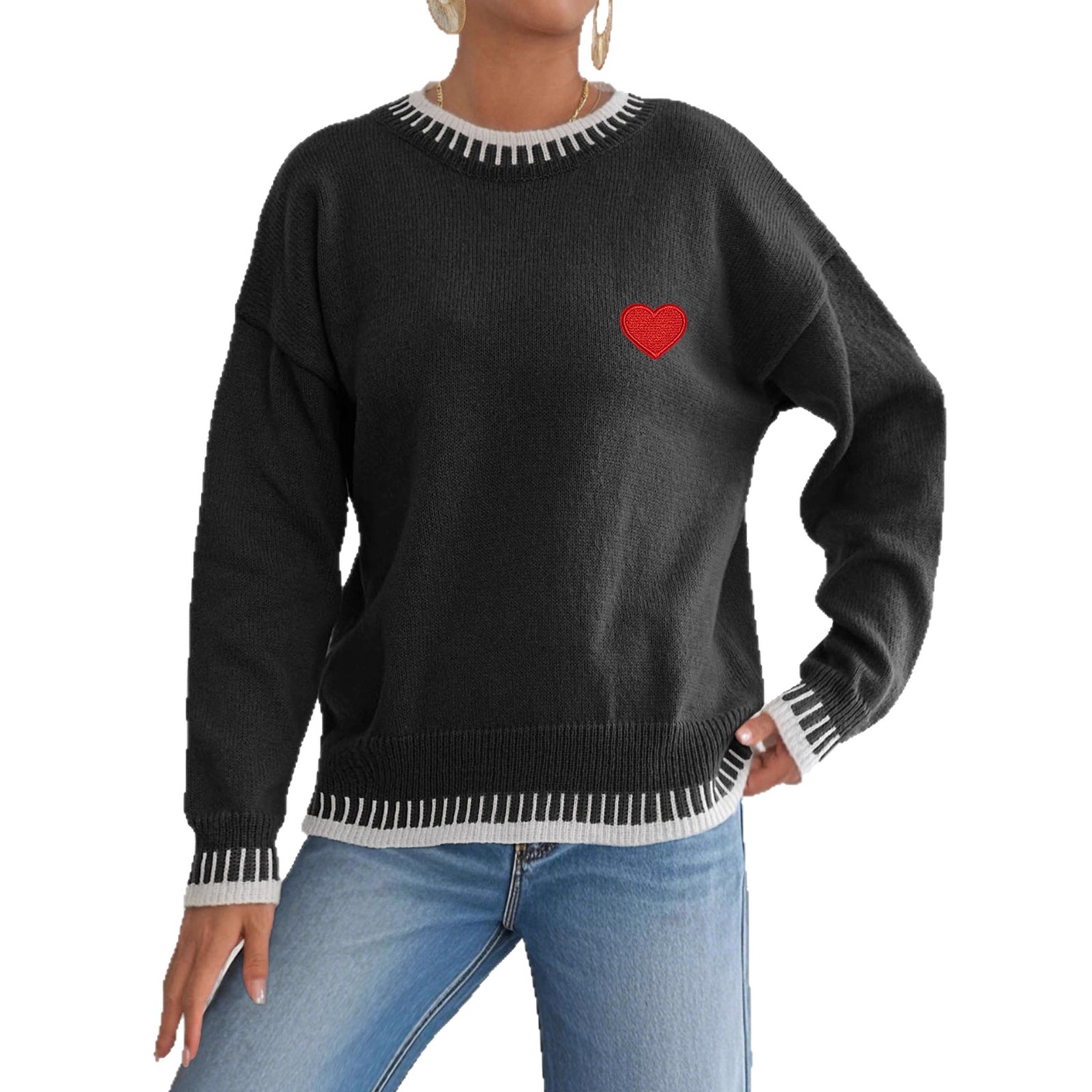 Women's Color-Block Heart Pullover Sweater with Collar