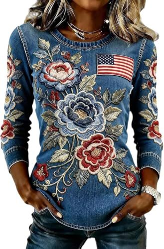 Women's American Flag Floral Print Crewneck Sweatshirt