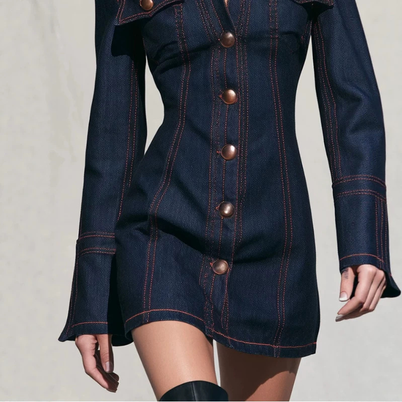 Retro Blue Denim Long-Sleeve Mini Shirt Dress