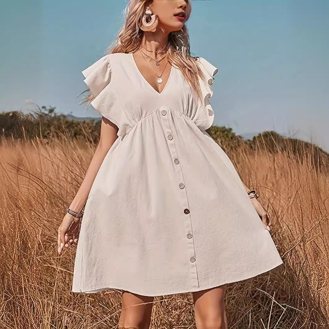 V-Neck A-Line Cinched Waist Midi Dress with Ruffle Sleeves