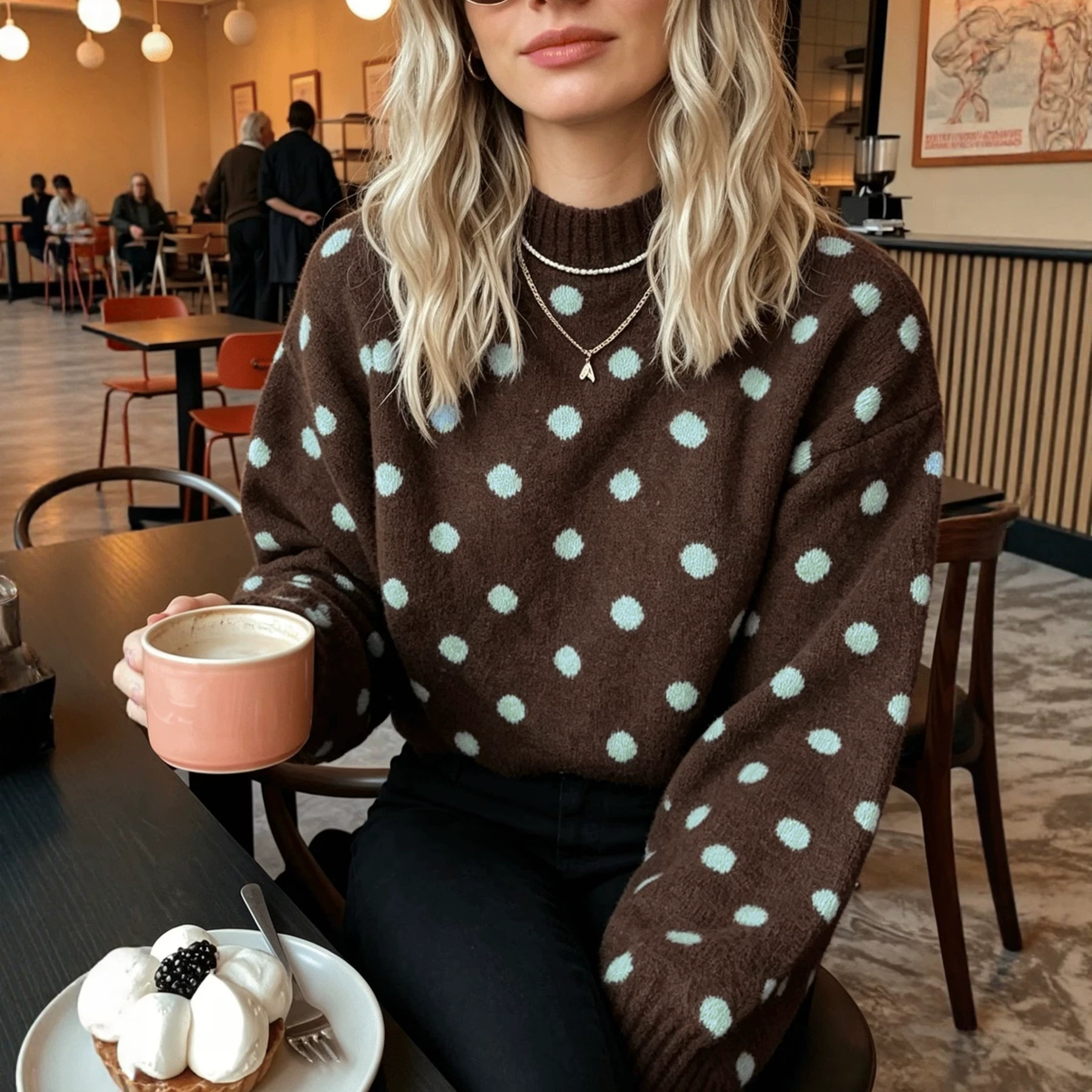 Women's Polka Dot Mock Neck Sweater Colorblock Loose Drop Shoulder Ribbed Cuffs French Retro