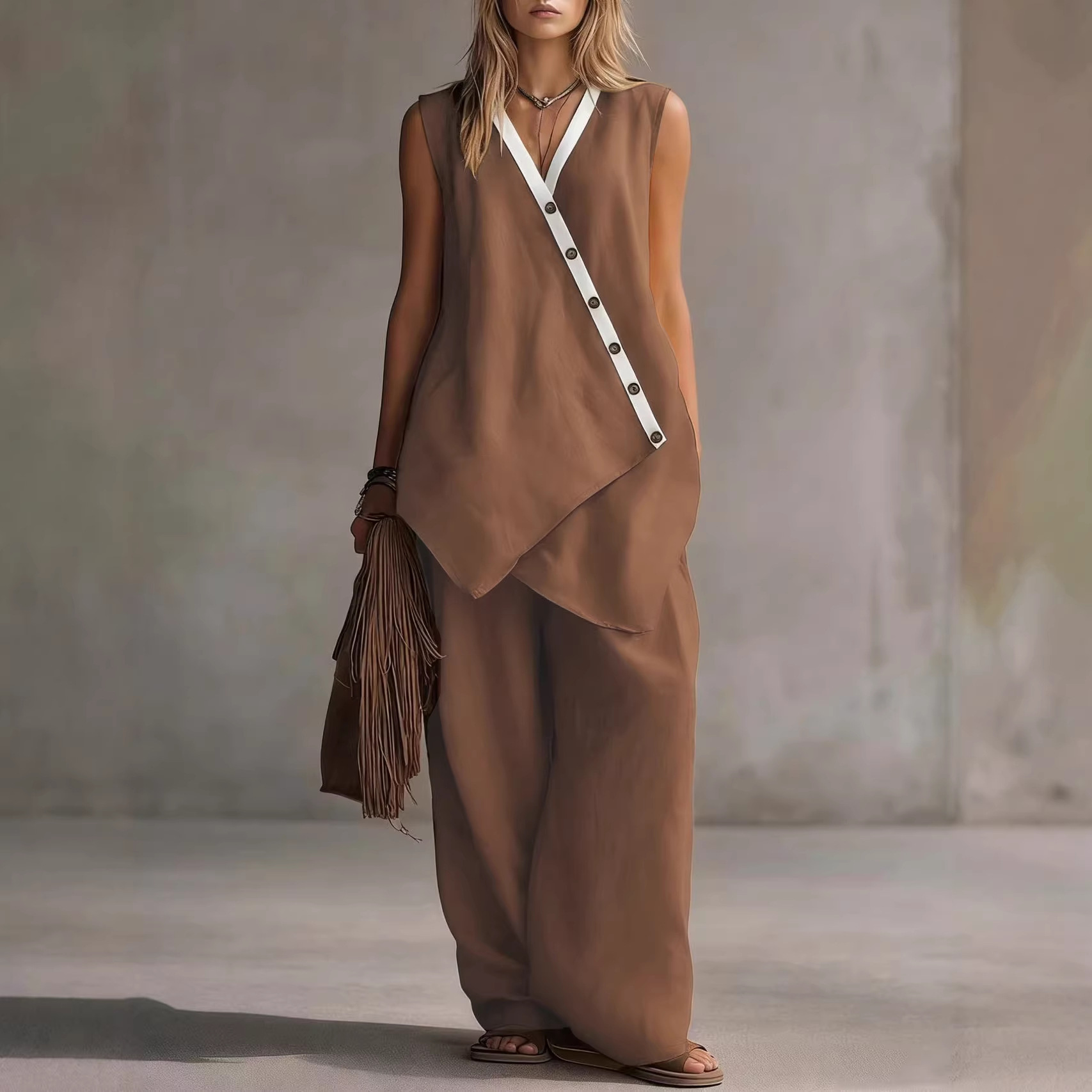 Bohemian V-Neck Button Tank Top & Wide-Leg Pants Casual Set