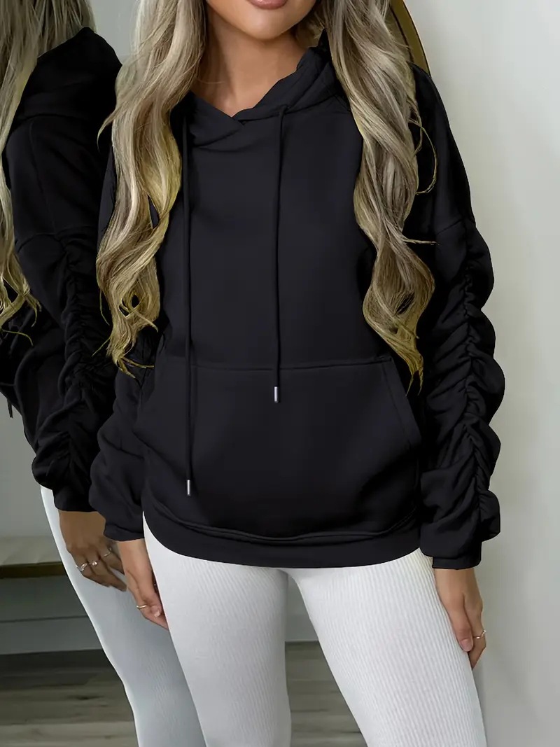 Women's Loose Fit Ruched Long Sleeve Solid Hoodie