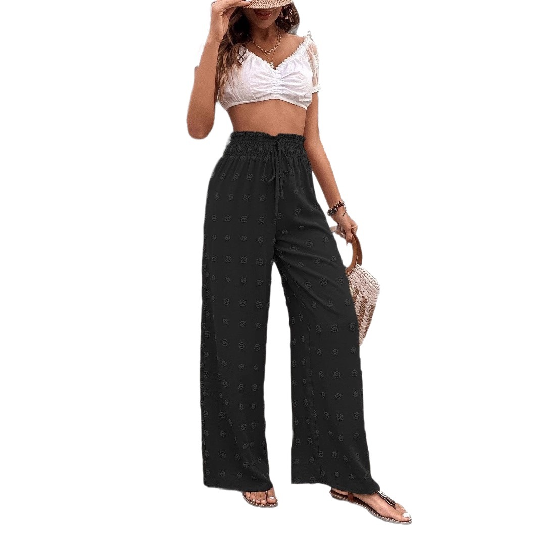 Black Jacquard Wide-Leg Pants High Waist Drawstring Loose Casual