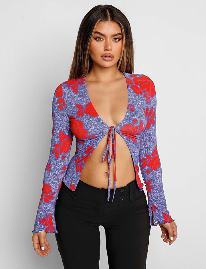 Women's Printed Long-Sleeve Lace-Up Cardigan
