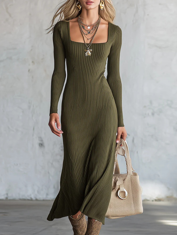 Square Neck Ribbed Knit Long Sleeve Bodycon Mermaid Maxi Dress