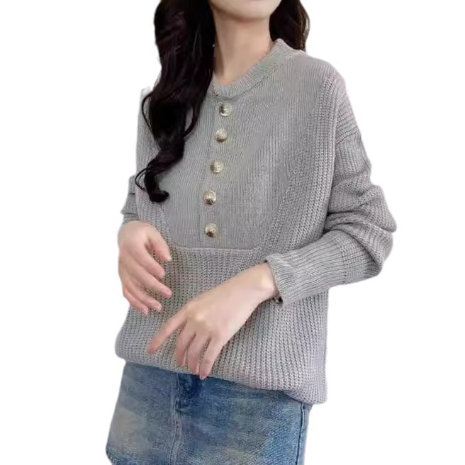 Women's Plus Size Knit Sweater with Buttons, Round Neck, Long Sleeve, Thickened Pullover