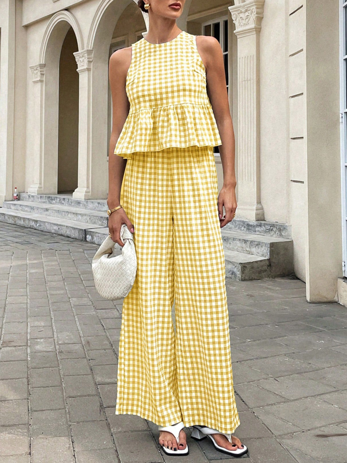 Plaid Two-Piece Set with Ruffle Hem and Sleeveless Round Neck Top