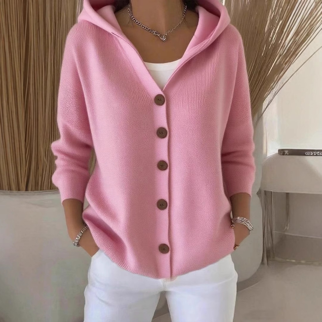 Women's Casual Loose Solid Color Long Sleeve Hooded Cardigan Knit Sweatshirt Jacket