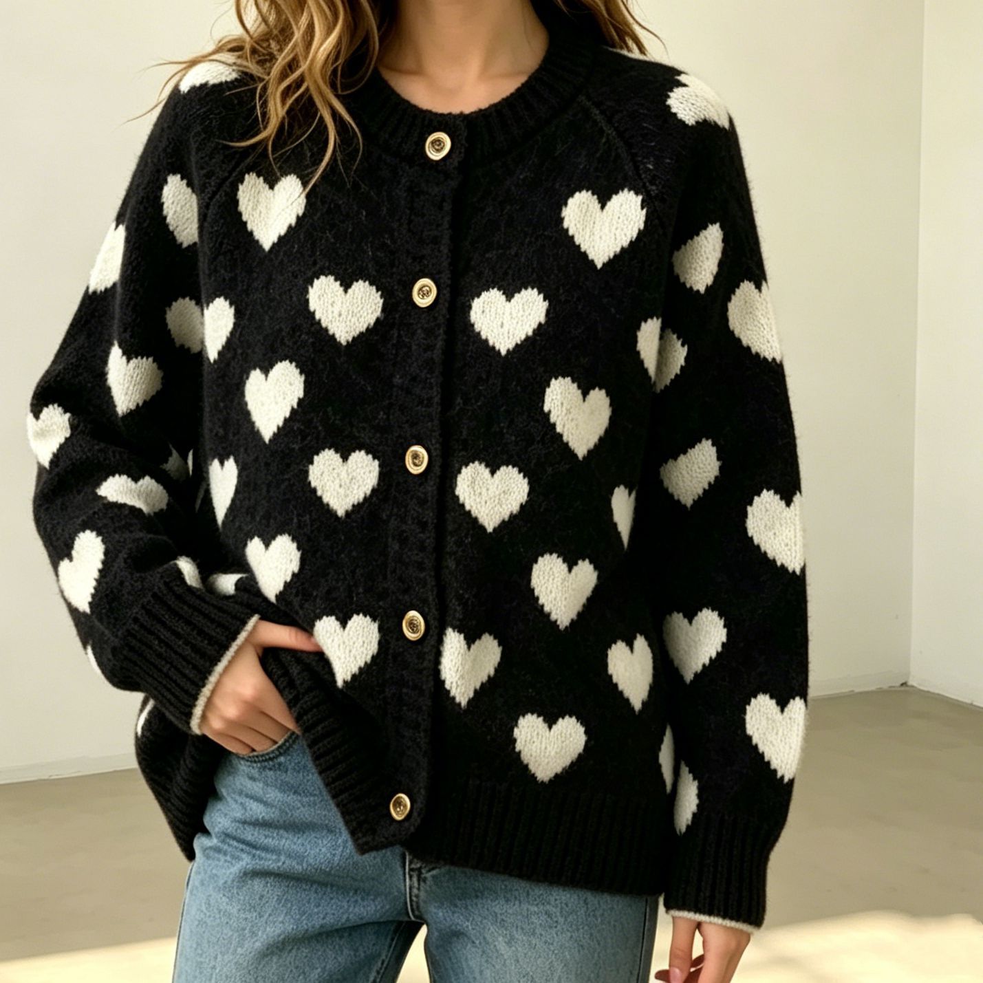Heart Jacquard Color-Block Knit Cardigan Sweater