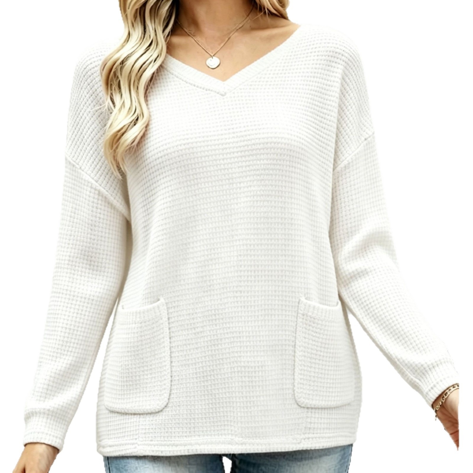 Women's V-Neck Knit Sweater with Pockets Loose Fit Pullover Top