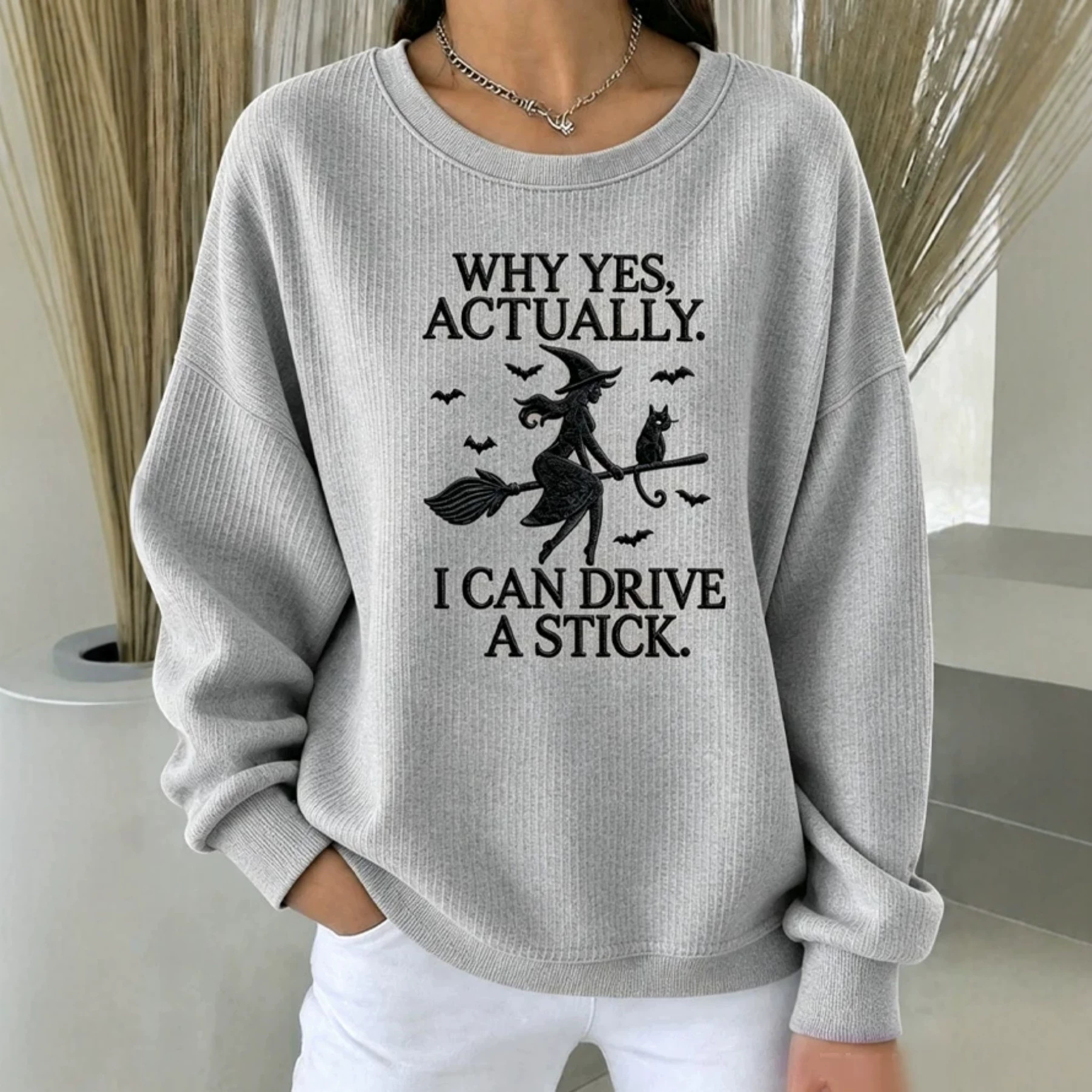 Halloween Witch Broom Print Crewneck Long-Sleeve Pullover Sweatshirt